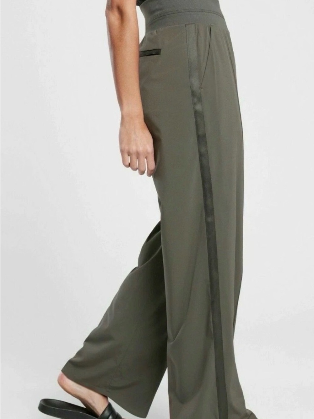 Athleta Olive Wide-Leg Pants with Satin Side Stripe